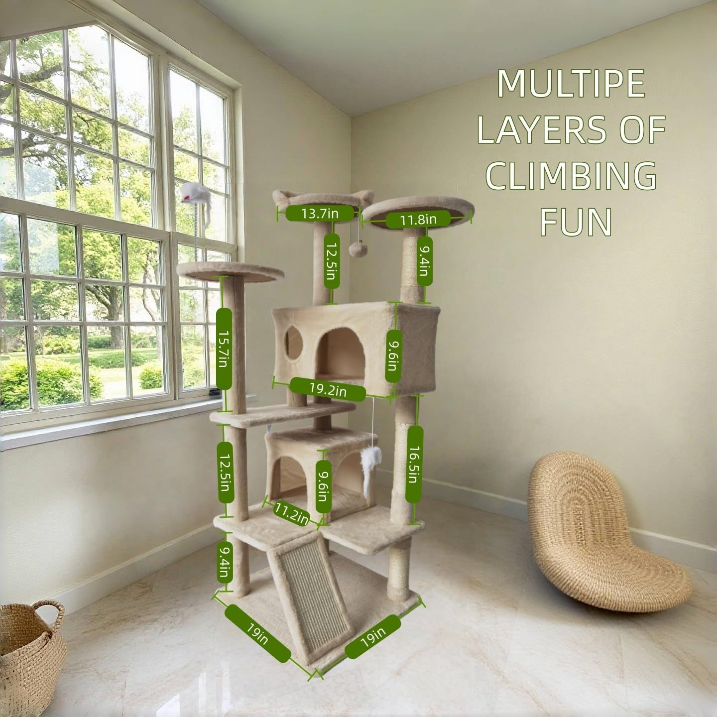 Cat Tree Tower for Indoor Cats,Cat House with Sisal Scratching Post,Multi-Level Cat Condo and 3 Large Platforms (Beige)