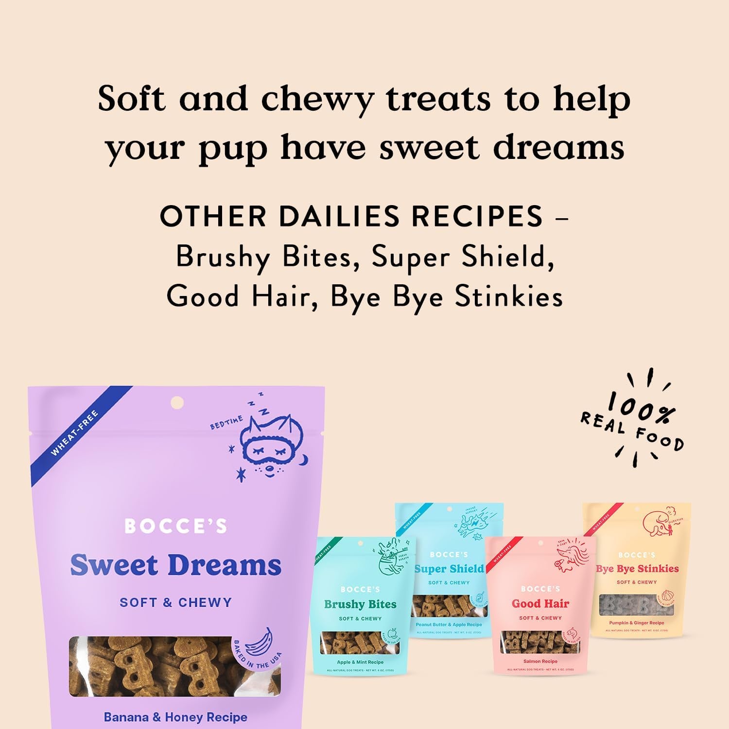 Bocce'S Bakery Dailies Sweet Dreams Dog Treats for Bedtime Support, Wheat-Free Dog Treats, Made with Real Ingredients, Baked in the USA, Natural Soft & Chewy, Banana & Honey, 6 Oz
