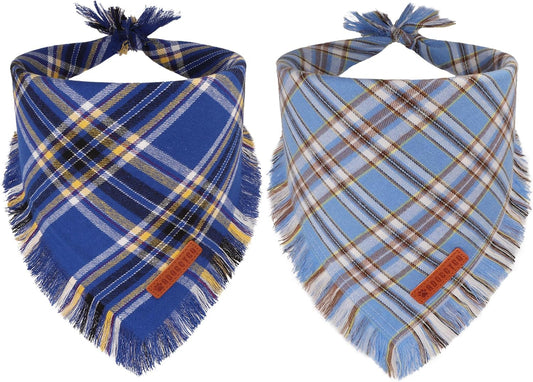 Dog Bandana Boy, Blue Plaid Cotton Scarf with Fringe, Large