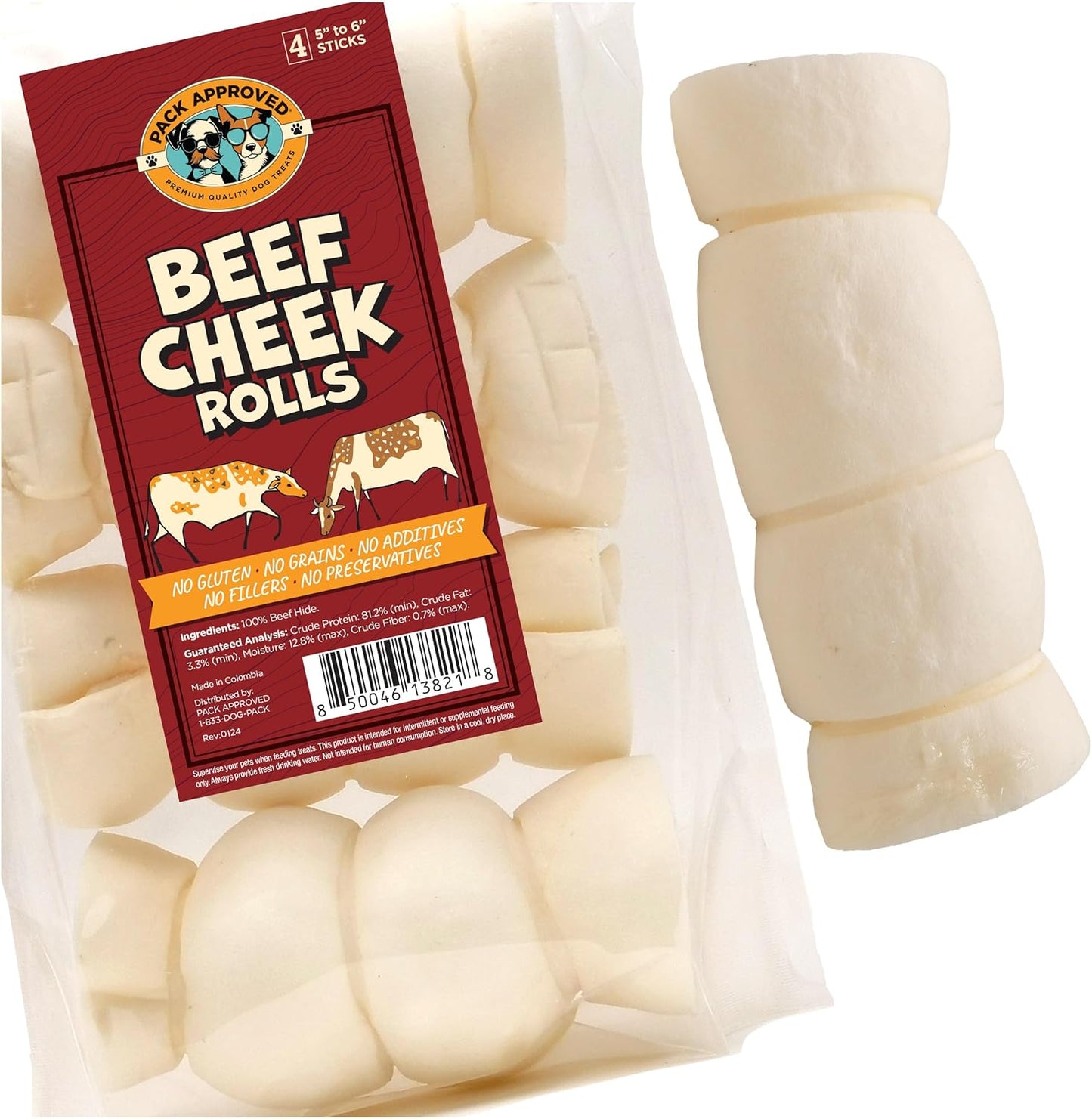 Pack Approved Beef Cheek Rolls for Dogs - Natural & Odor-Free Dog Treats - 5 to 6 Inch Medium Beef Hide Dog Chews - 4 Pack