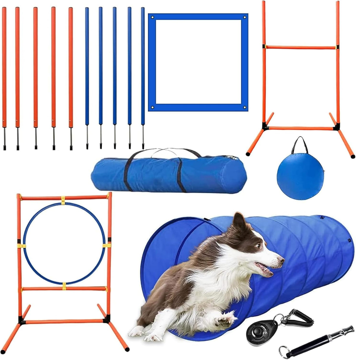Dog Agility Training Equipment Set, Puppy Jump Training Obstacle Course Starter Kit Pet Agility Outdoor Games Dog Outdoor Games with Tunnel, Weave Poles, Adjustable Hurdle, Jump Ring