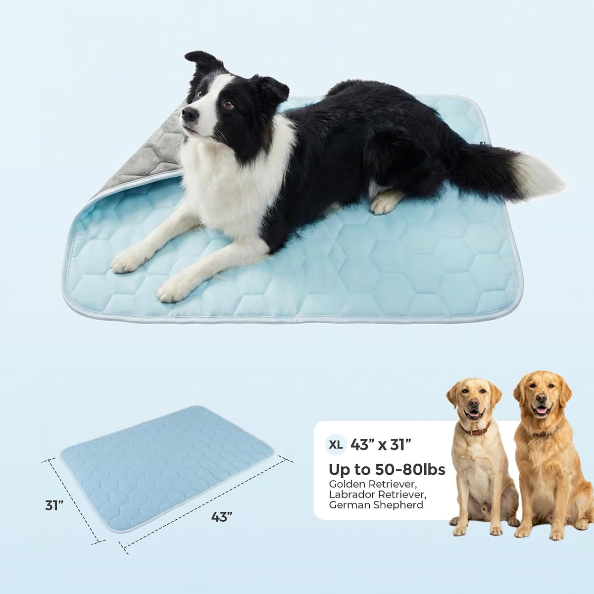 Sytopia Dog Cooling Mat for Large Dogs, Q-Max>0.5 All Season Thin Summer Cool-To-Touch Fabric to Rapid Cooling, Breathable Cold Crate Pad for Pet Indoor, Washable No Gel as Topper, 43"X31", Light Blue