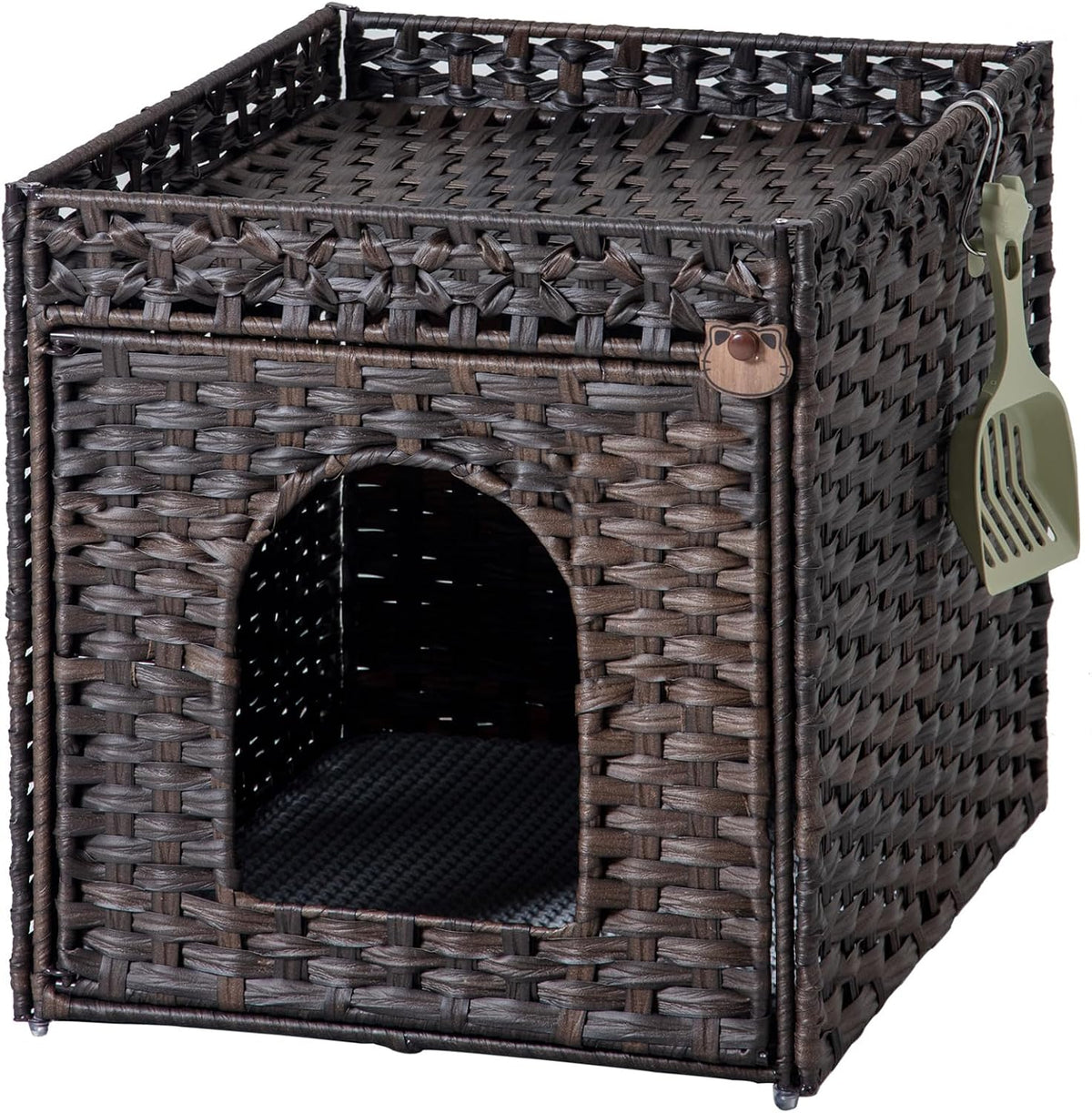 Cat Litter Box Enclosure, PE Rattan Hidden Kitty House, Brown