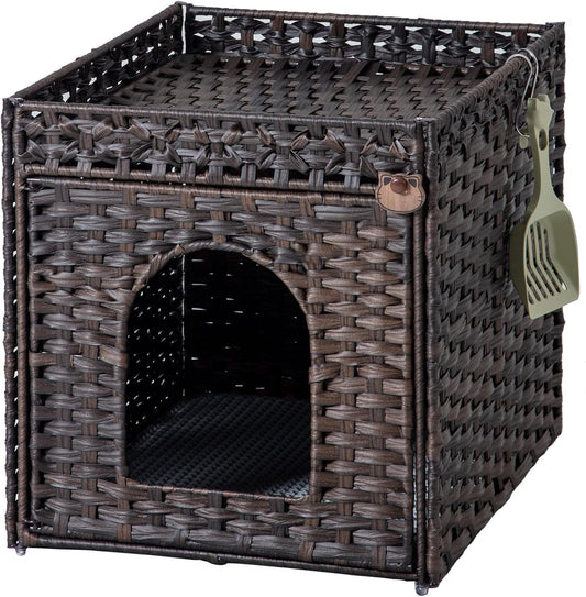 Cat Litter Box Enclosure, PE Rattan Hidden Kitty House, Brown