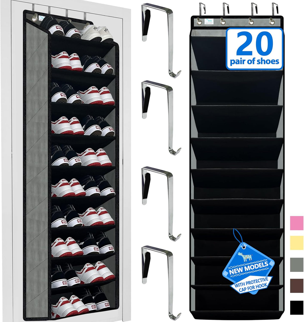 Shoe Organizer,70 Pounds Large Capacity,20-30-Pair over the Door Shoe Organizer,10 Tiers Shoe Rack for Closet,New Upgrade Anti-Scratch Heavy Duty Hook and Bamboo Material Baffle,Grey/Black