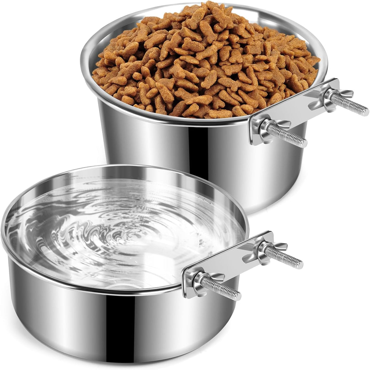 Crate Dog Bowls for Large Dogs, Removable Stainless Steel Dog Bowls for Food and Water, Pet Kennel Hanging Food Water Feeder Station for Medium/Large Pets, (7.1"X3.7" & 7.1"*2.6", Silver)