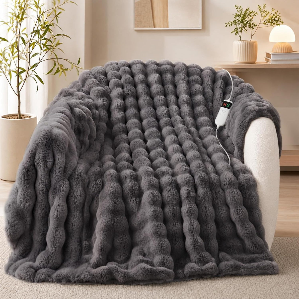 Heated Blanket Electric Faux Rabbit Fur Bubble Heating Blanket Throw Blanket 50"X60", 10 Heat Settings, 8 Hour Auto Off, Fast Heating Heating Blanket with Overheat Protection