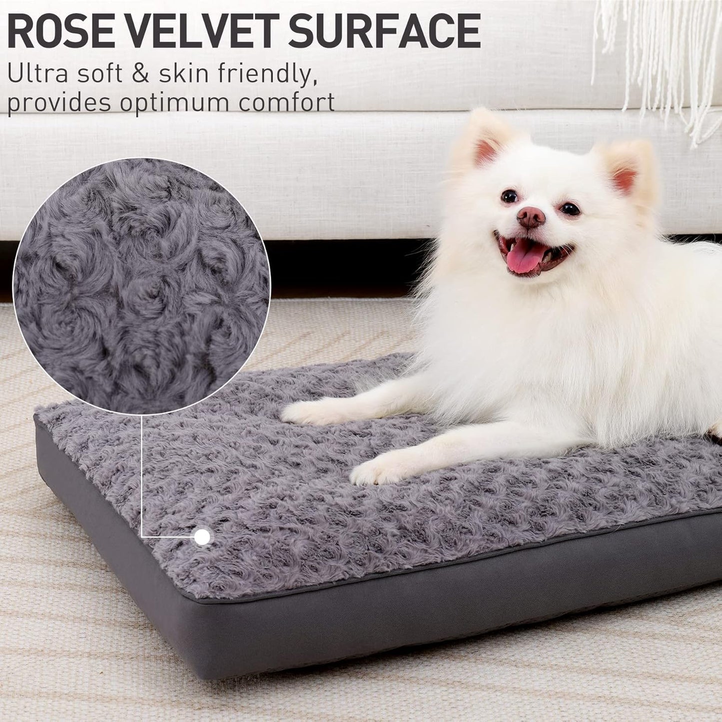 Dog Crate Bed Waterproof Dog Bed for Medium Pets Rose Velvet Soft Fluffy Washable with Removable Cover & Anti-Slip Bottom, 29 X 18 Inch, Gray