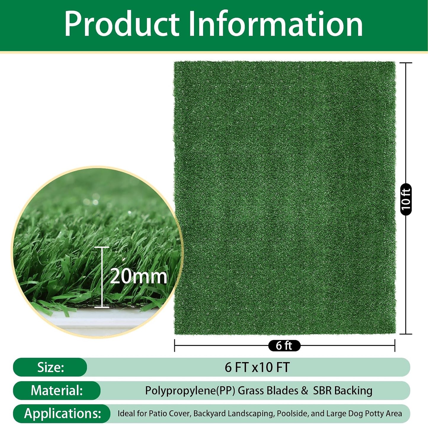 TOOKOO Artificial Grass Outdoor Rug - 6FT X 9FT Fake Grass for Dogs - Patio Balcony Turf Mat - 20Mm Pile Height with Drain Hole