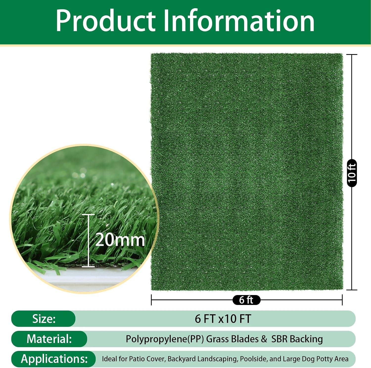 TOOKOO Artificial Grass Outdoor Rug - 6FT X 9FT Fake Grass for Dogs - Patio Balcony Turf Mat - 20Mm Pile Height with Drain Hole
