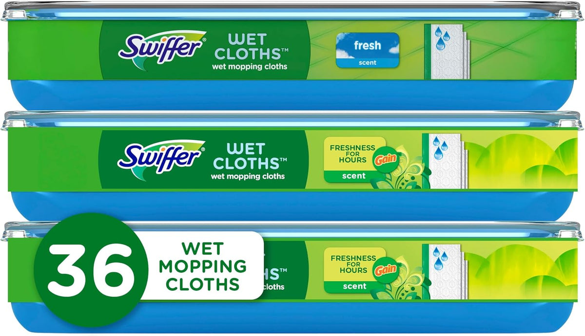 Sweep + Mop, Wet Pads Refill, Floor Cleaner for Dirt, Dust, Hair, Cleaning Cloths for Mopping Home, Bathroom, Kitchen, All Purpose Multi-Surface Floor Wipes, Fresh and Gain, 36Ct