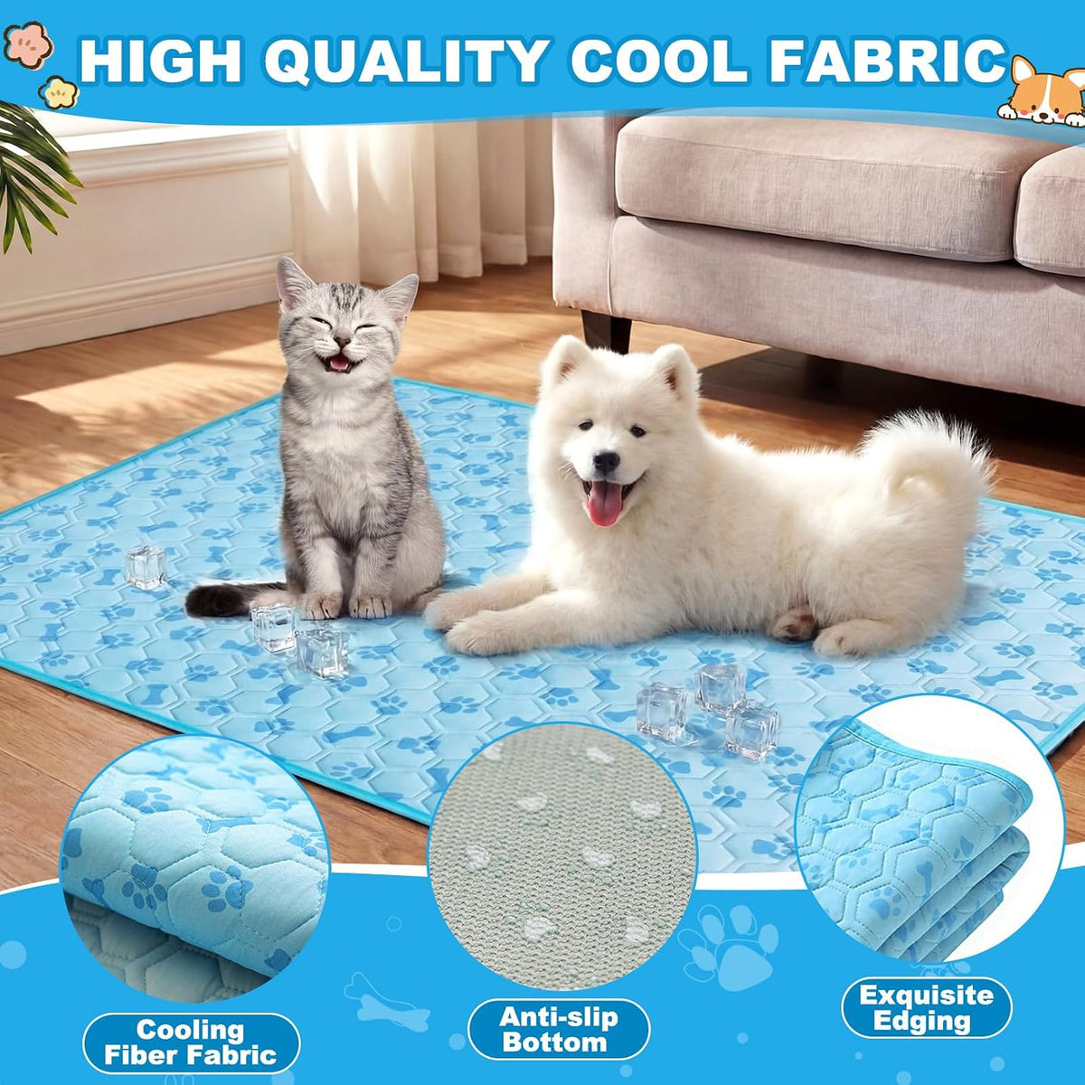 Hahafelt 4 Pack Dog Cooling Mat with Storage Bag 40" X 28" Blue Ice Silk Cooling Mat for Dogs Cats Washable Foldable Pet Sleeping Pad for Crate Bed Indoor and Outdoor Floor