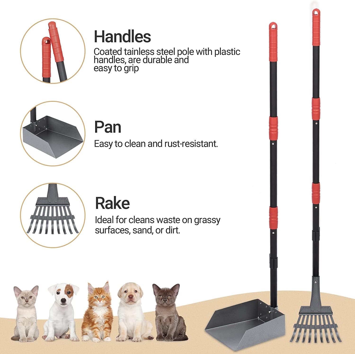 Heeyoo Dog Pooper Scooper, Dog Poop Tray and Rake Set, Pet Waste Removal Scoop with Long Adjustable Sectional Stainless Handles | Pet Waste Removal Scoop with Adjustable Sectional Handles