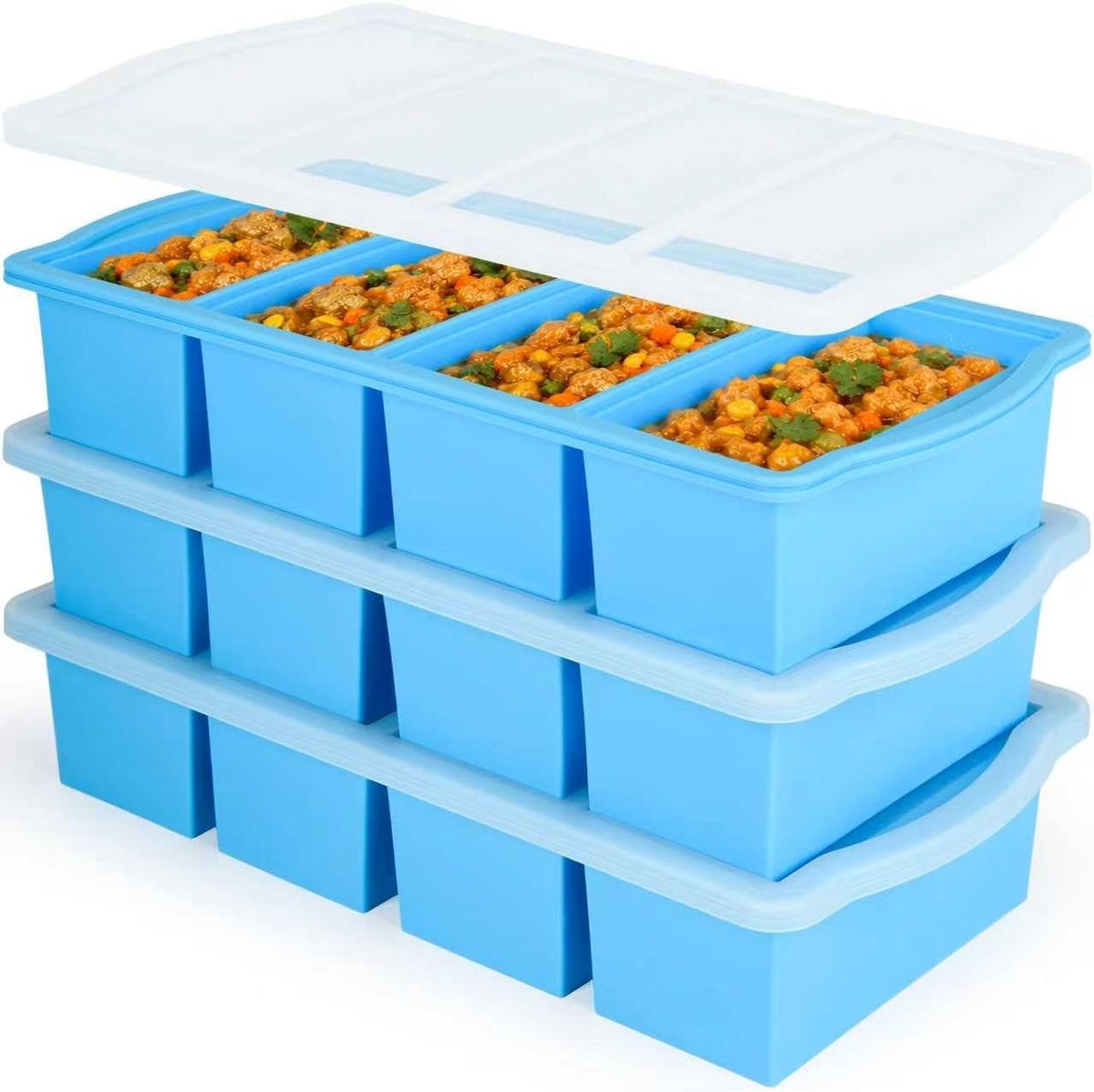 ZIP STANDING Silicone Freezer Trays with Lid,1-Cup Soup Freezer Container Large Ice Cube Molds with Reinforced Steel Ring Top for Freezing Soup Sauce Broth Leftovers Oven Dishwasher -Safe(3-Pack)
