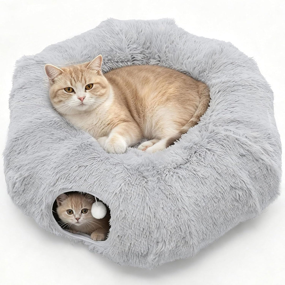 DUMOS Cat Tunnel Bed for Indoor Cats, Cave Donut Play Tunnel, Silver