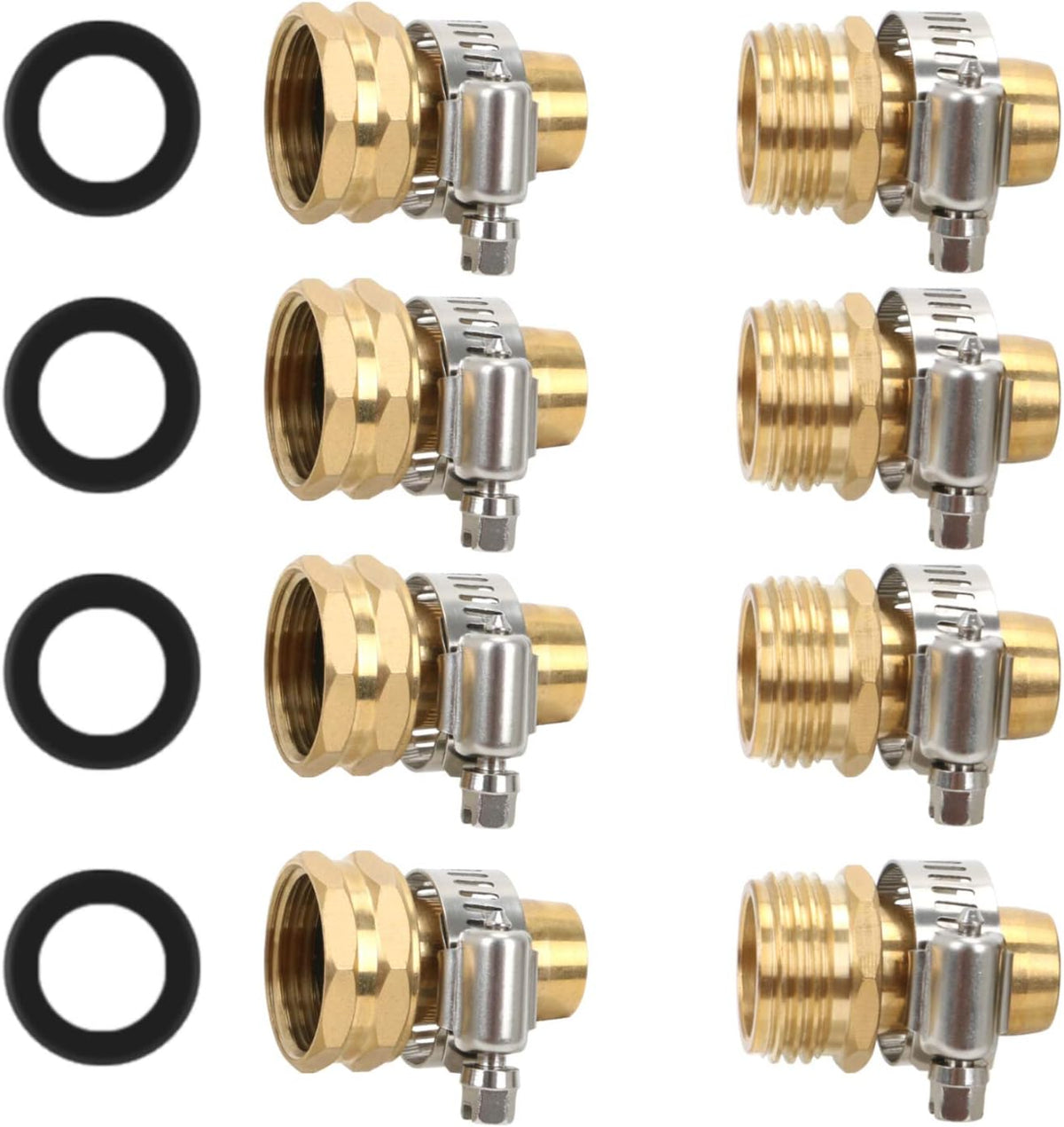 STYDDI Garden Hose Repair Kit, Solid Brass Water Hose Mender Female and Male Hose Connector with Clamps, Fit All 5/8" and 3/4" Rubber Garden Hose, 4 Set