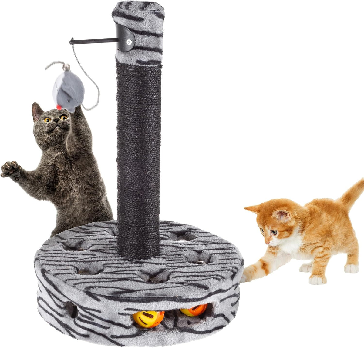 Cat Scratching Post - Interactive Play Area with Sisal Rope Scratcher and Hanging Toy for Indoor Cats - Scratch Tree for Pets by PETMAKER (Black/Gray)