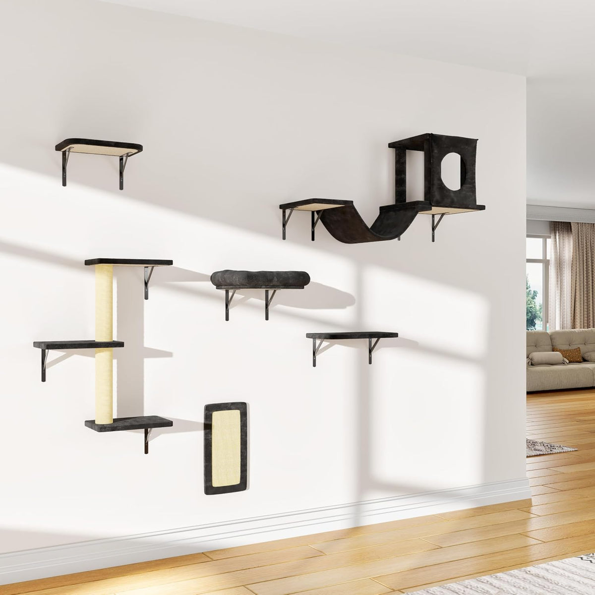 Wall Mounted Cat Furniture, 6 Pcs Cat Wall Shelves with Condo House, Bridge, Steps, Scratcher, Hammock, Indoor Safe & Stable Furniture for Kittens Play, Black