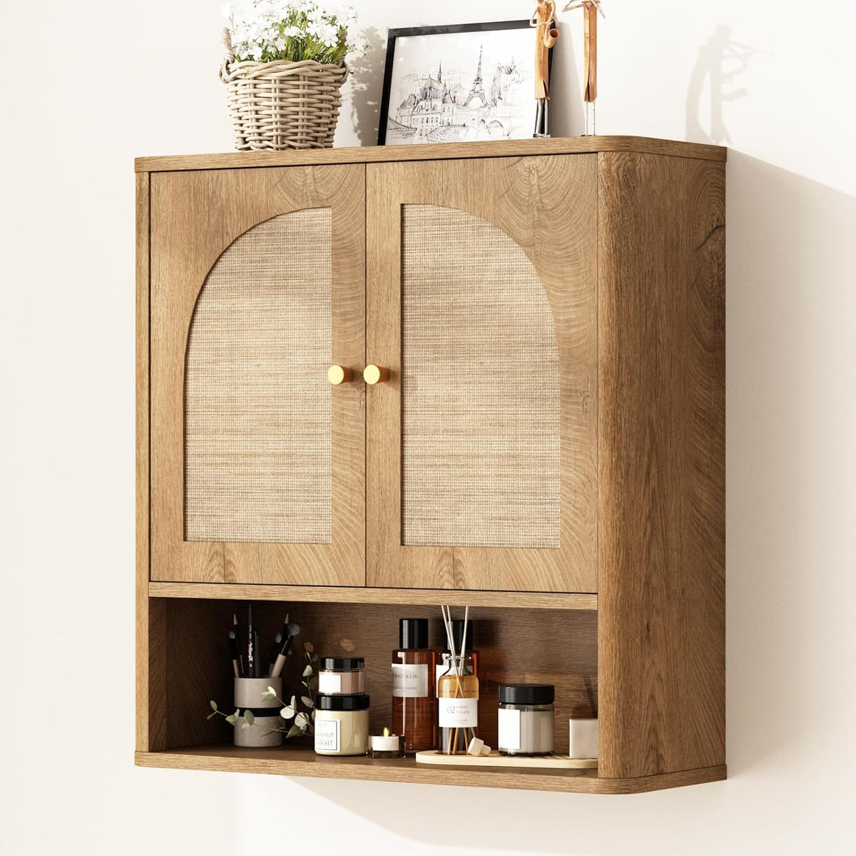 RUSTOWN Rattan Bathroom Wall Cabinet with 2 Arched Doors & Adjustable Shelf