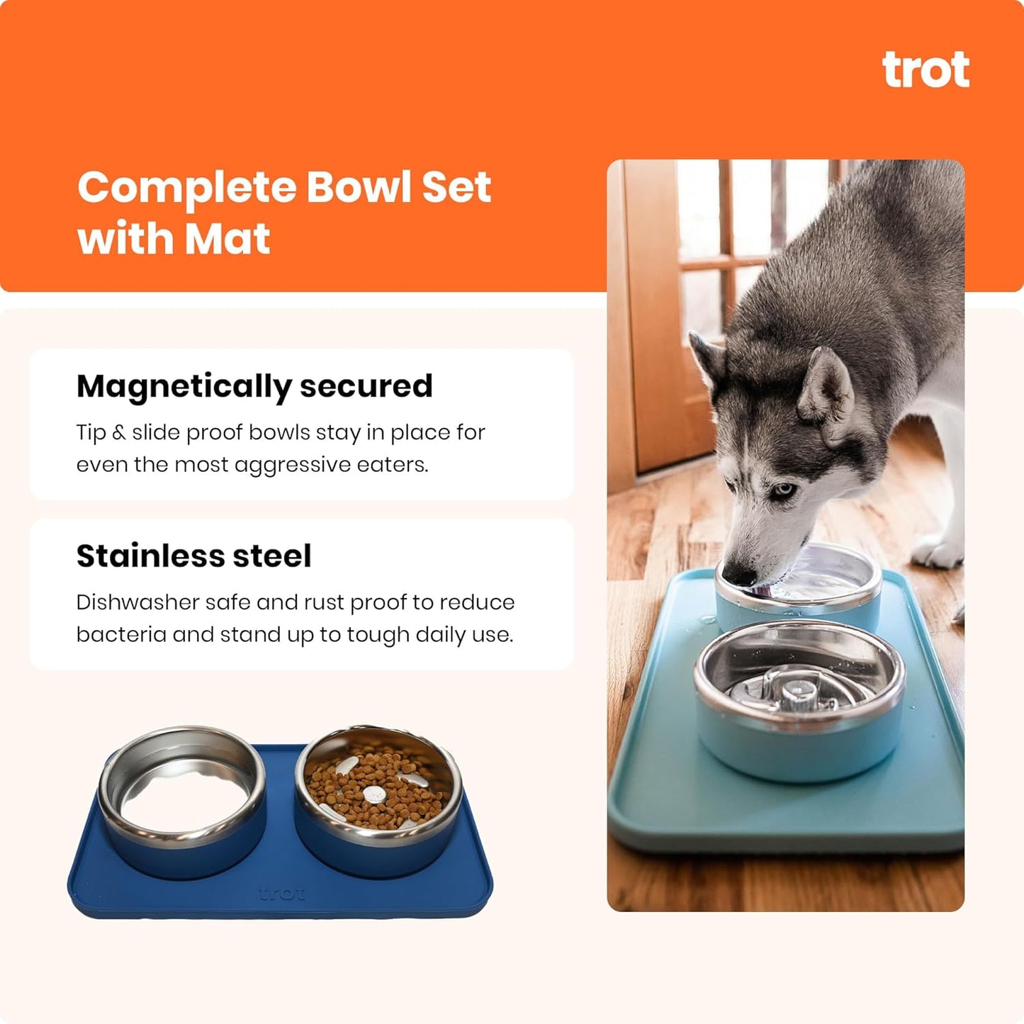 Trot Pets Premium Dog Bowls | Stainless Steel Bowl Set for Small, Medium, or Large Dogs | Non-Slip Food and & Water Slow Feeder | Durable, Bpa-Free, Anti-Skid, Dishwasher Safe (Cobalt, Small)