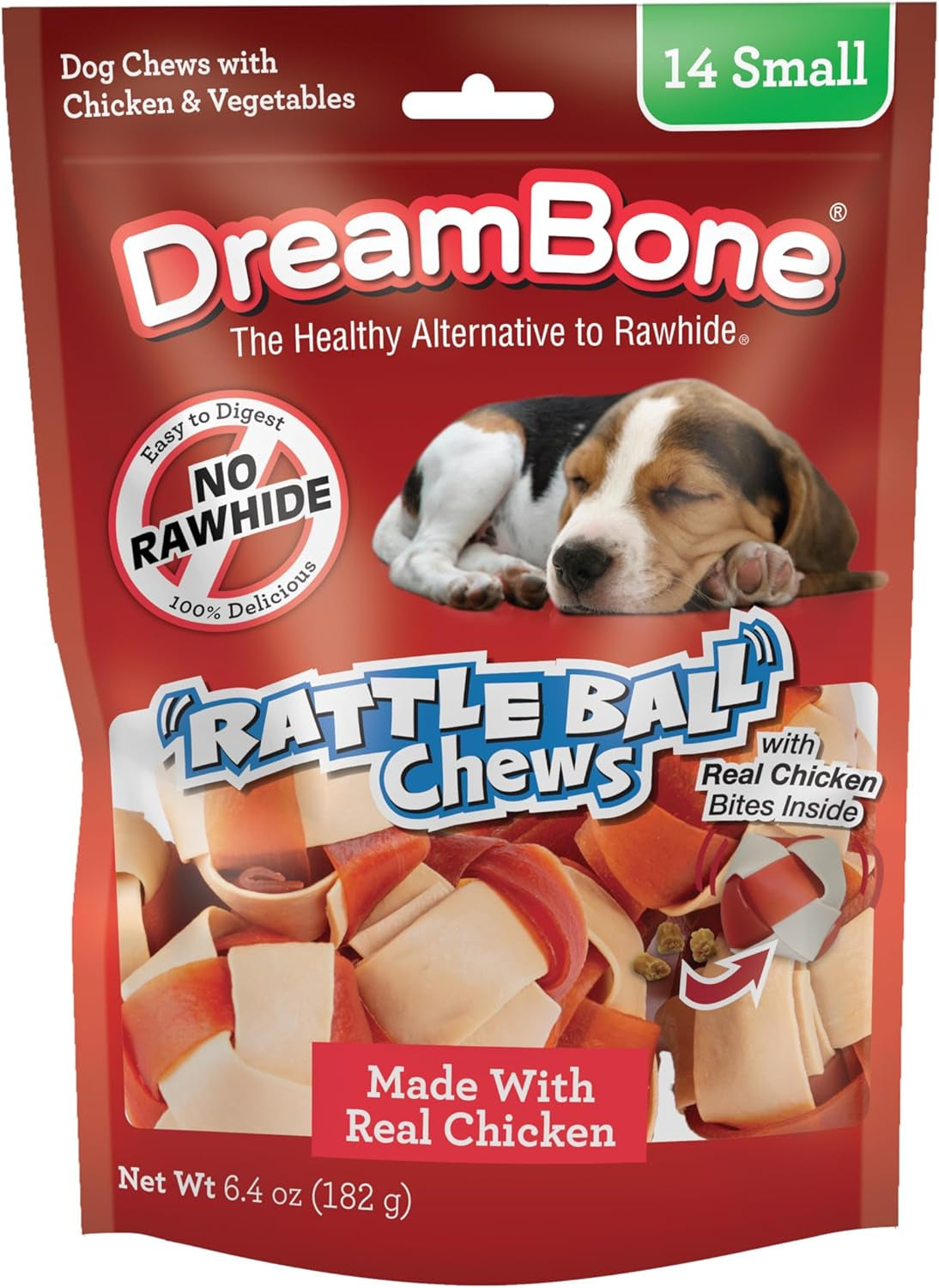Dreambone Rattleball Chew Rawhide-Free Dog Treats, Real Protein, 14 Count