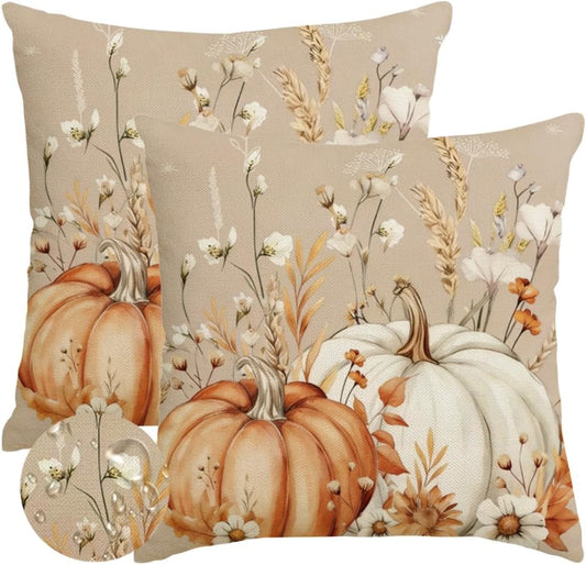 Fall Pumpkin Flower Brown Pillow Covers 18X18 Set of 2 Decor