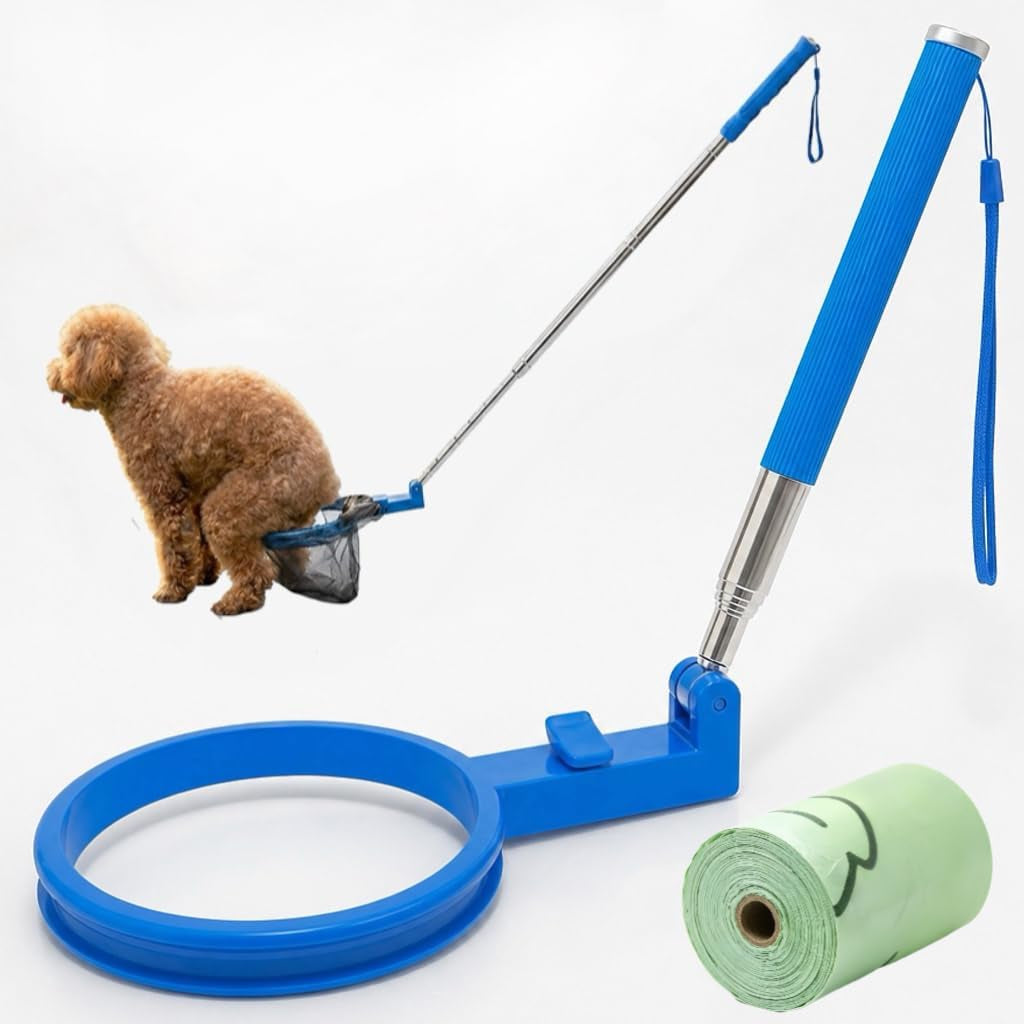 35" Dog Poop Catcher - Long Handle No Bending Poo Pickup, Includes 15 Bags, Collapsible and Portable Dog Waste Catcher for Small Medium Dogs, Yard Grass and Outdoor Use (Blue)