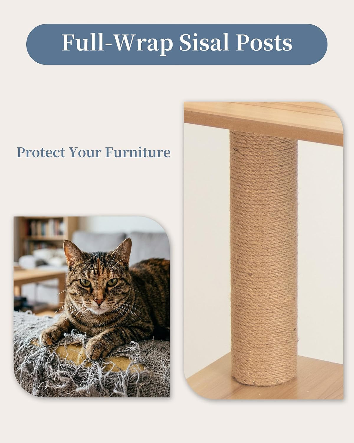Wood Cat Tree for Indoor Cats, 49 Inch Cats Furniture Tower with Large Platforms, Full Sisal Scratching Posts, Water Proof Surface