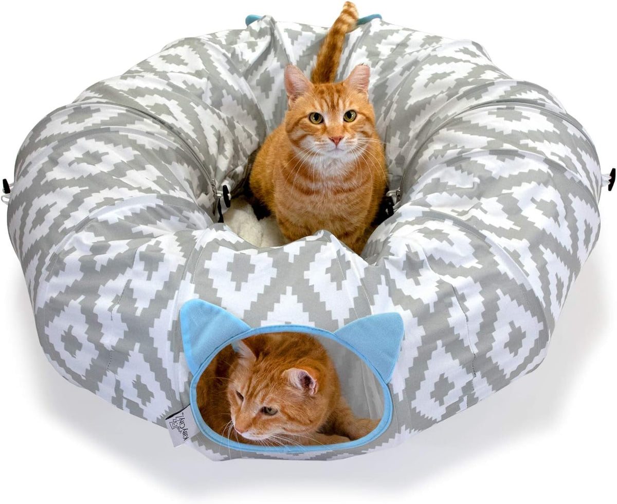 Kitty City Large Cat Tunnel Bed, 2-In-1 Zip-Together Cat Play Tunnel & Plush Nap Bed, Pop-Up Indoor Cat Toy with Hanging Toys, Collapsible Design - White