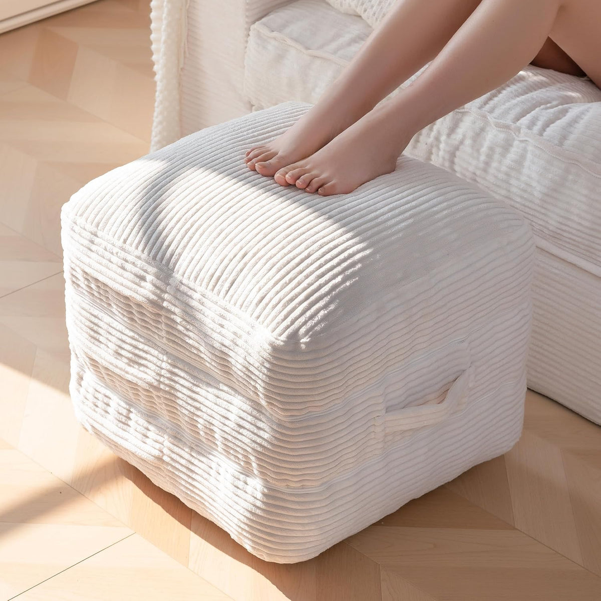 HIGOGOGO Pouf Ottoman Stuffed Square Modern Foam Filled Foot Rest Poufs 20 X 18 Inches Modular Ottomans Separated into Floor Cushions for Living Room Chair Decorative Stool, Beige