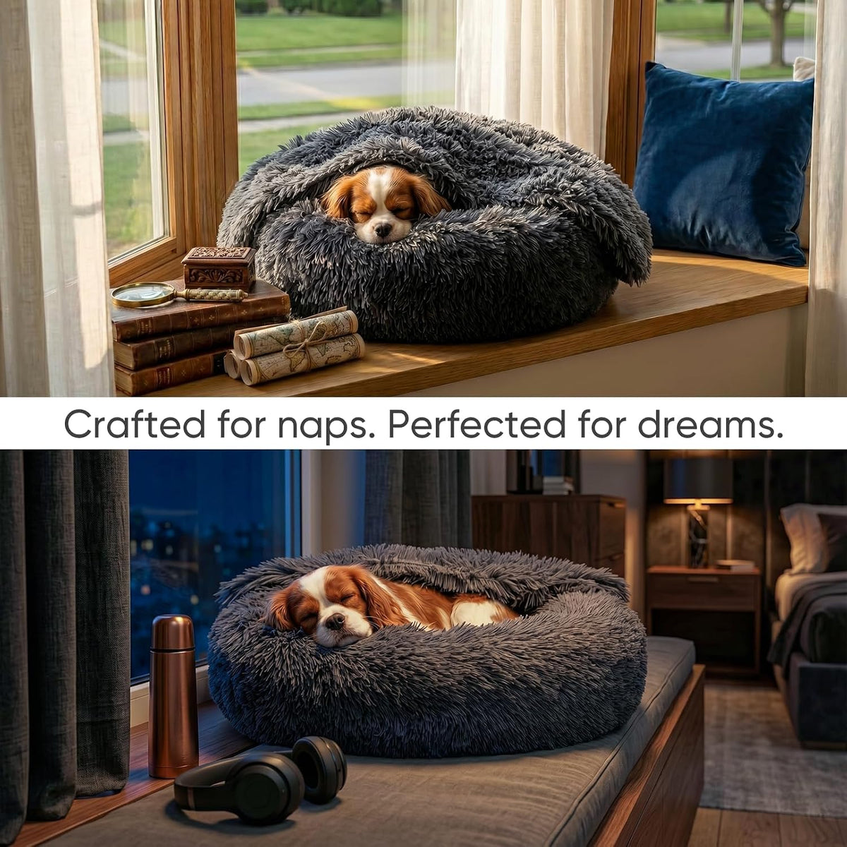 Himax Dog Beds for Small Dogs, Donut Dogs Beds with Blanket Attached, Calming Dog Bed Washable (20"/26"/35") Grey