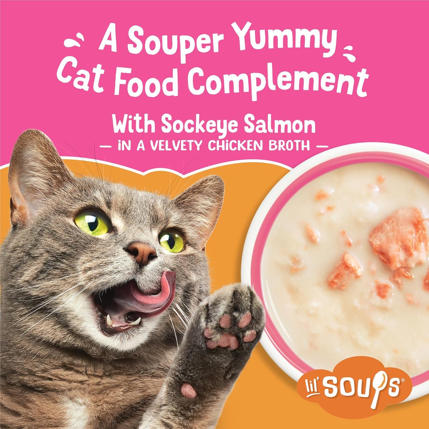 Purina Friskies Grain Free Lickable Cat Food Toppers Lil’ Soups with Sockeye Salmon in Chicken Broth - (Pack of 8) 1.2 Oz. Cups