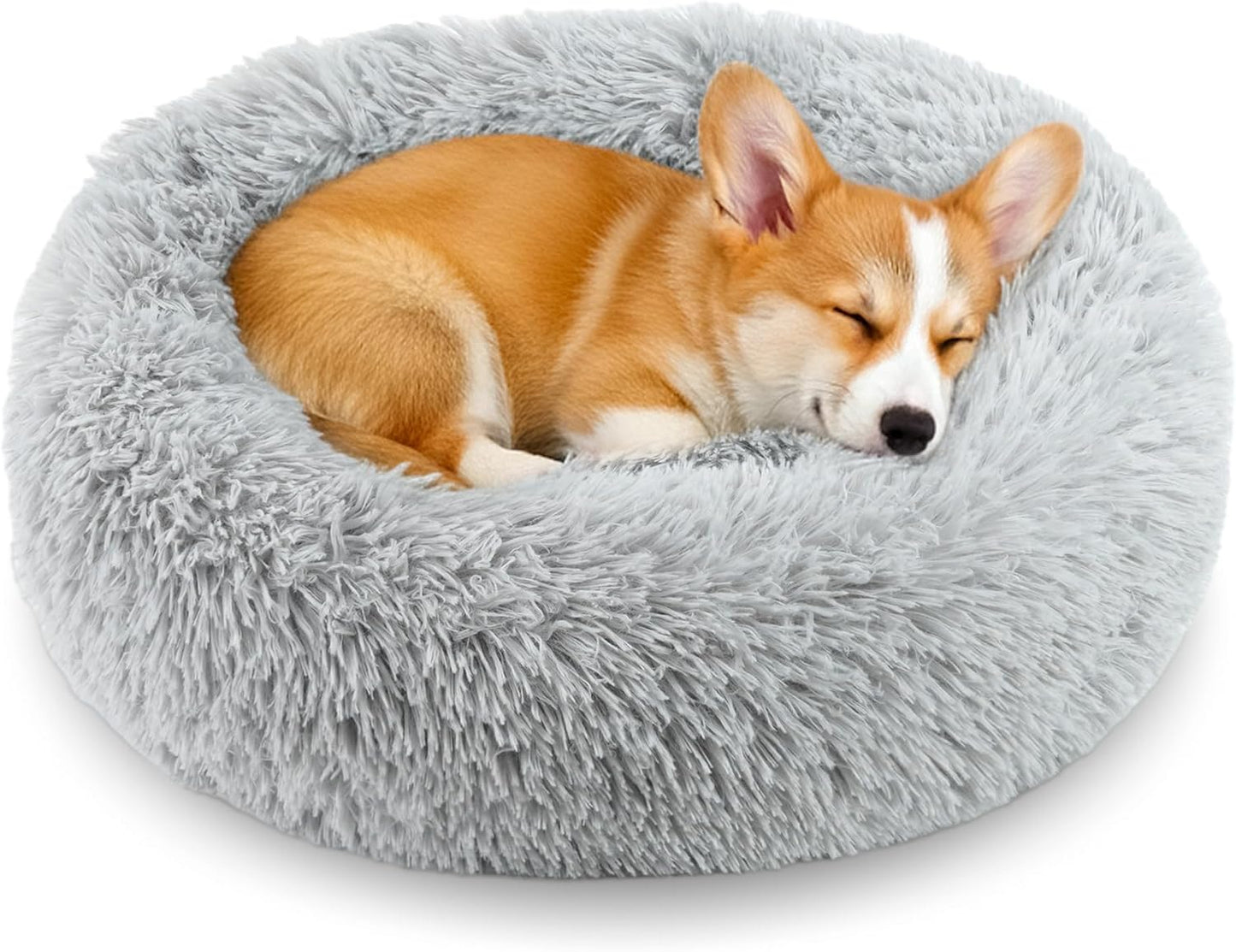 Calming Donut Dog and Cat Bed for Indoor Cats, round Fluffy Soft Washable Anti-Anxiety Small Pet Bed for Puppy and Kitten, Warming Comfortable Luxury Anti-Slip Waterproof Mute Base 20In Gray