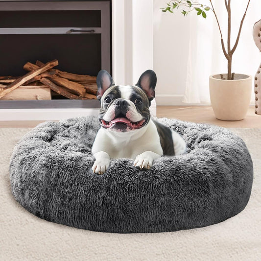 JOLLYVOGUE Calming Dog Bed for Small Dogs - 23 Inches Donut Washable Small Dog Bed for Kittens & Puppies, Anti-Slip round Fluffy Plush Faux Fur Cat Beds (Fits up to 25 Lbs Pets, Smoke Black)