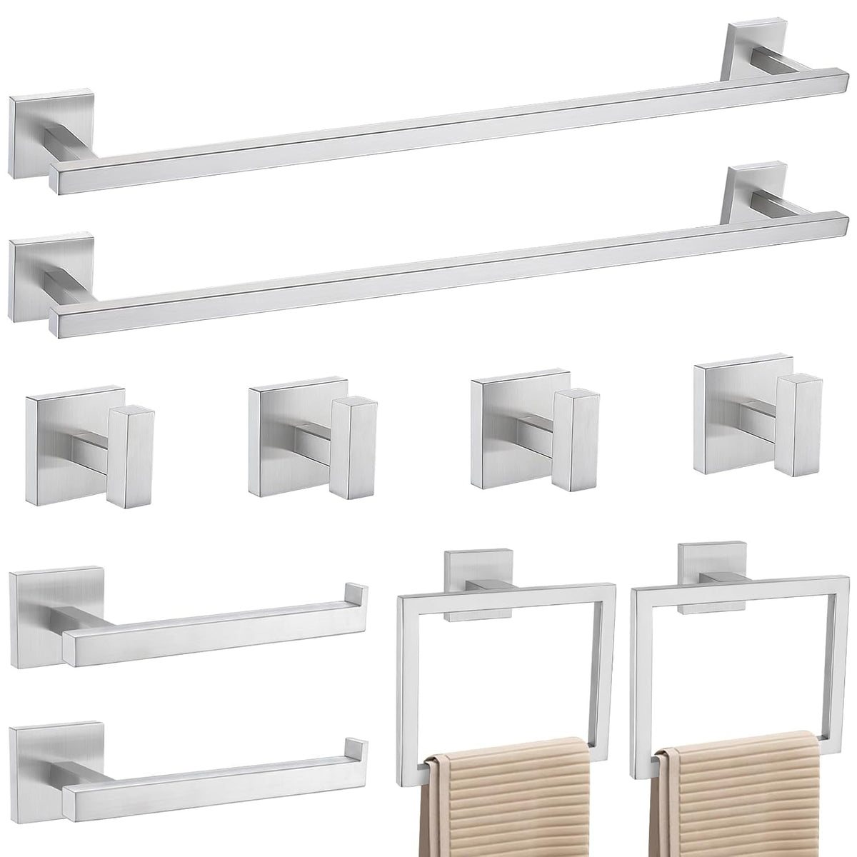 Towel Bar Set, 10 Pieces Bathroom Hardware Set Brushed Nickel Bathroom Accessories, SUS304 Stainless Steel Towel Racks Holder Set Wall Mounted 23.6 Inch
