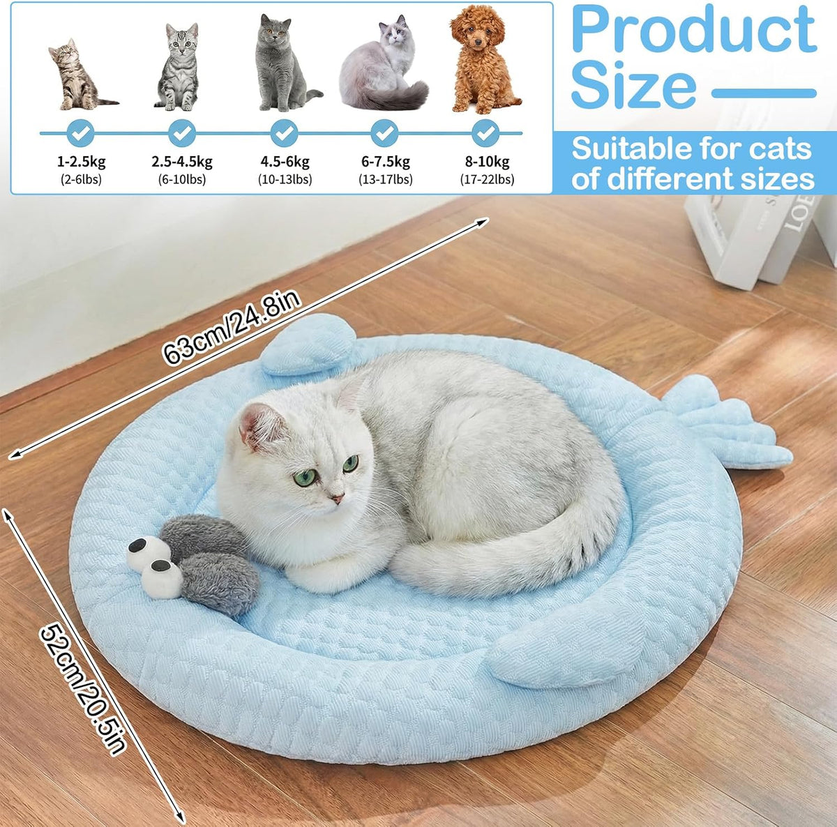 Hillban Cat Cooling Bed Mat Fish Shaped Pet Cooling Mat for Cats or Small Dogs 24.8'' X 20.47'' Cat Cool Bed Comfortable and Soft Cool Pad Washable Non-Slip Bottom Use in Floor Sofa Chair Kennel