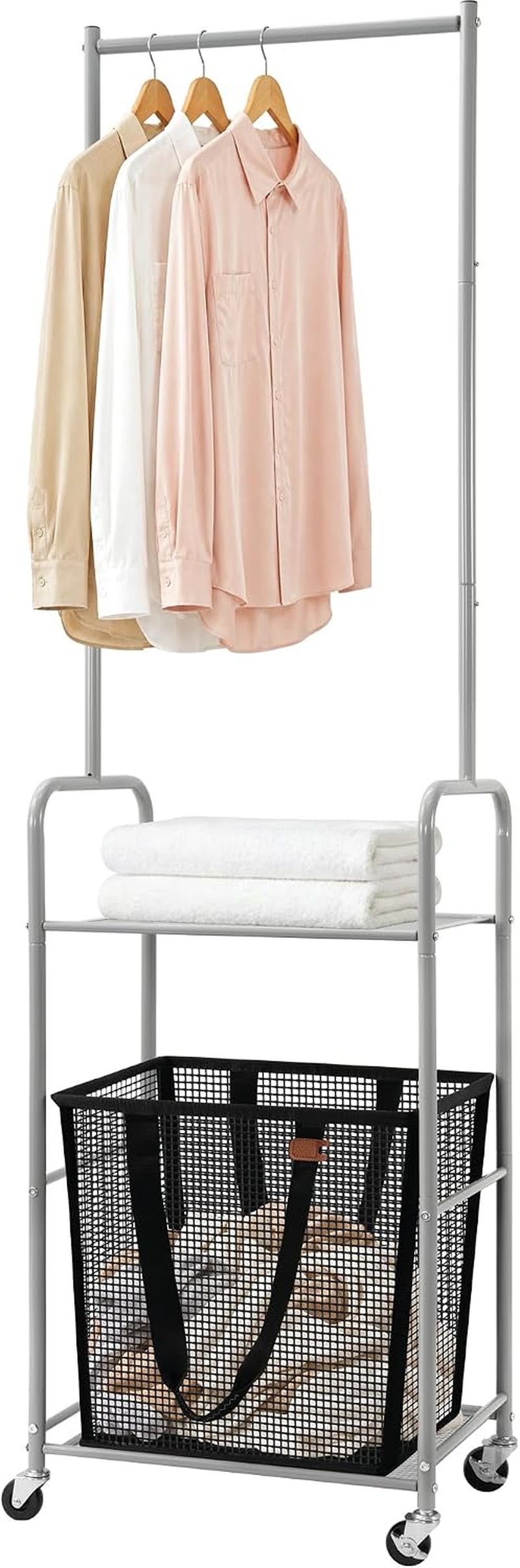 STO STO 3-In-1 Laundry Cart with Hanging Rack, Slim Space-Saving Rolling Laundry Sorter Hamper with Hanging Bar, Removable Pop-Up Mesh Laundry Basket, Storage Shelf, Lockable Wheels for Small Spaces
