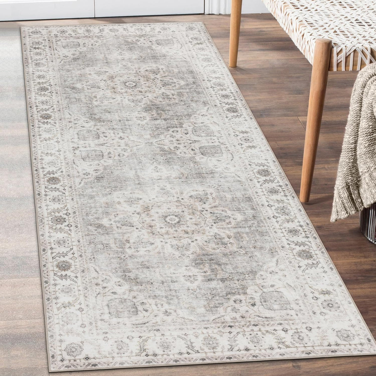 Realife Rugs Machine Washable Area Rug Runner - Living Room Bedroom Bathroom Kitchen Entryway Office - Padded Low Pile Stain Resistant Premium - Boho Farmhouse Vintage - Joy - Beige Ivory 2'6" X 8'