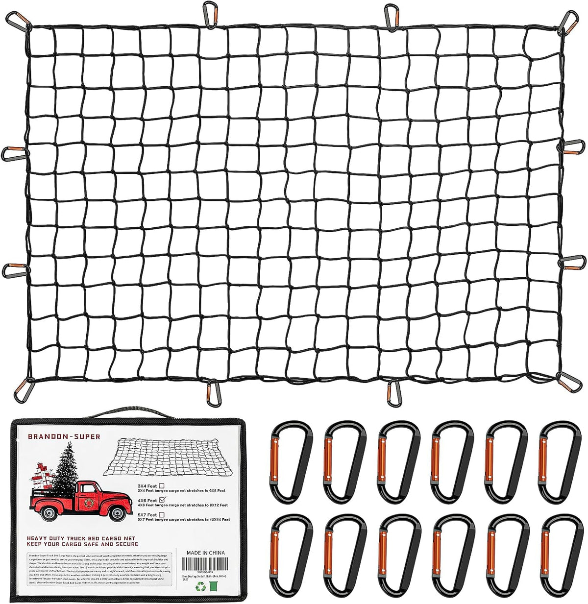 Heavy Duty Cargo Net for Pickup Truck Bed - Stretches from 5' X 7' to 15' X 21' - 12 Metal Carabiners - Compatible with Ford, Dodge RAM, Chevy, Toyota - Ideal for (Black, 5X7 Feet)