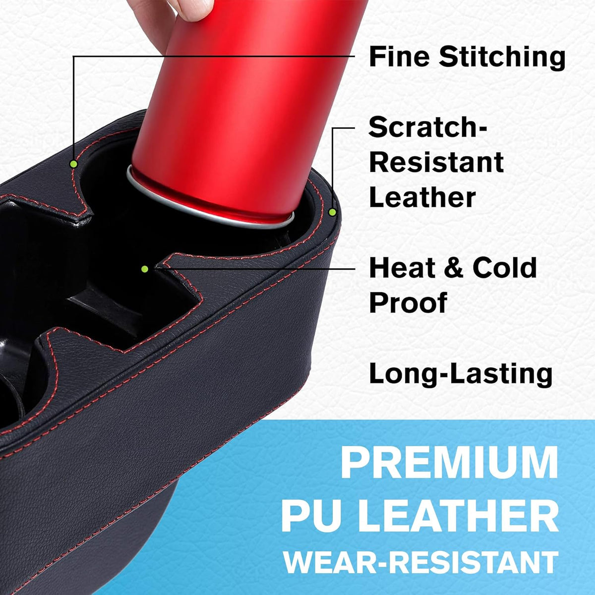 IOKONE Car Cup Holder, PU Leather, Car Seat Gap Filler Organizer, Black