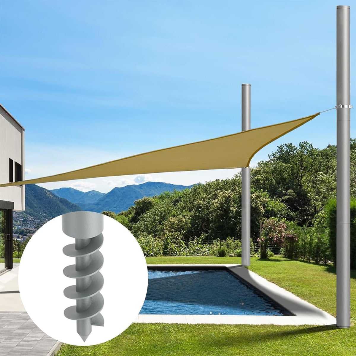 Shade Sail Poles, 12Ft Sun Shade Sail Poles with Spiral Drill Bit, 2.28" Diameter Heavy Duty Shade Sail Post with D-Clamp for Garden Yard Backyard, 2 Pack, Gray