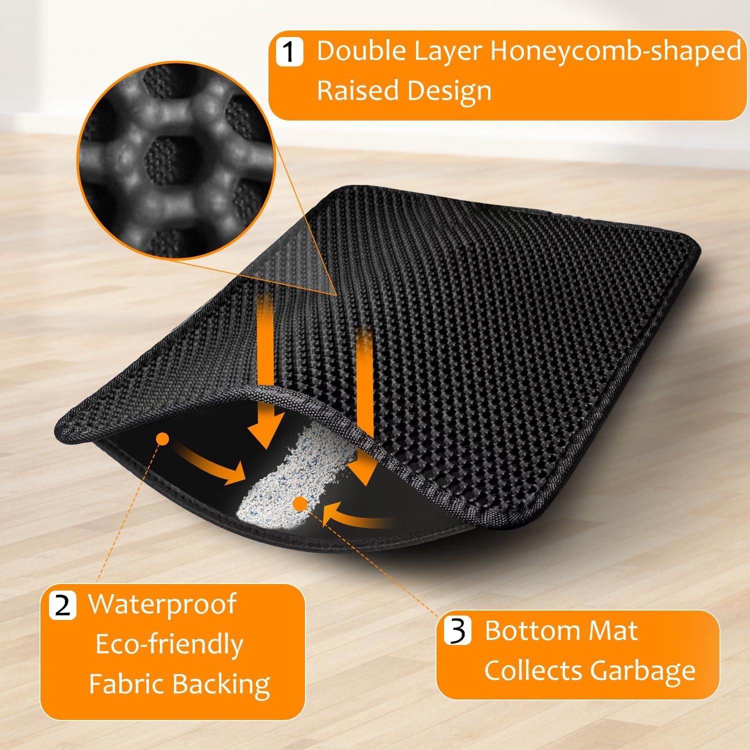 22"X30" Cat Litter Mat, EVA & Fabric Double Layer Design Waterproof Bottom Cat Litter Mat, Anti-Slip Litter Box Mat, Easy to Catch Pet Litter, Easier to Clean, Washable, Soft on Paws, Black