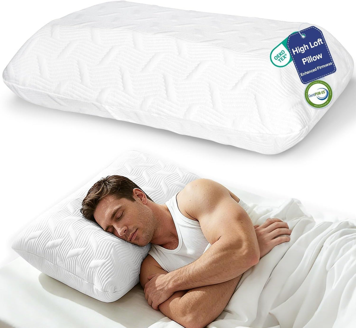 7 Inch High Loft Memory Foam Pillow for Side Sleepers, Extra Firm High Prodile Pillow for Broad Shoulders & Large Frames, Breathable Washable Cover