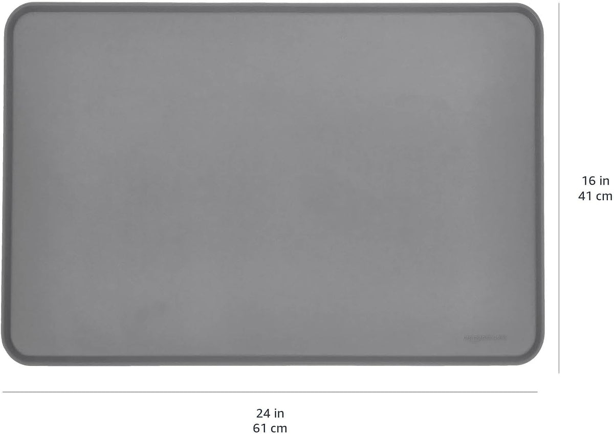 Amazon Basics Waterproof Non-Slip Silicone Pet Food and Water Bowl Mat with Raised Edge, Feeding Placemat to Protect Floors, 24" X 16", Grey
