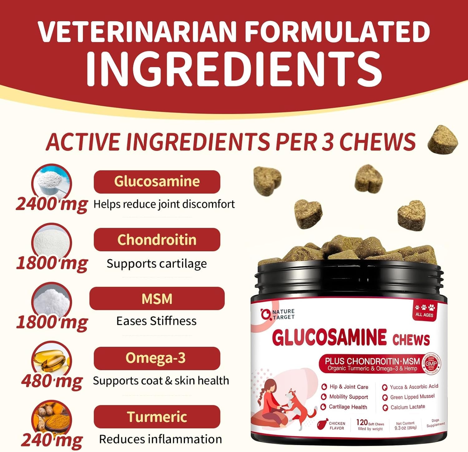 NATURE TARGET Glucosamine for Dogs, Joint Supplement with Chondroitin, MSM, Omega-3, Hemp for Pain Relief, Hip & Joint Chews for Dogs with Calcium for Bone Health, 120 Soft Chews