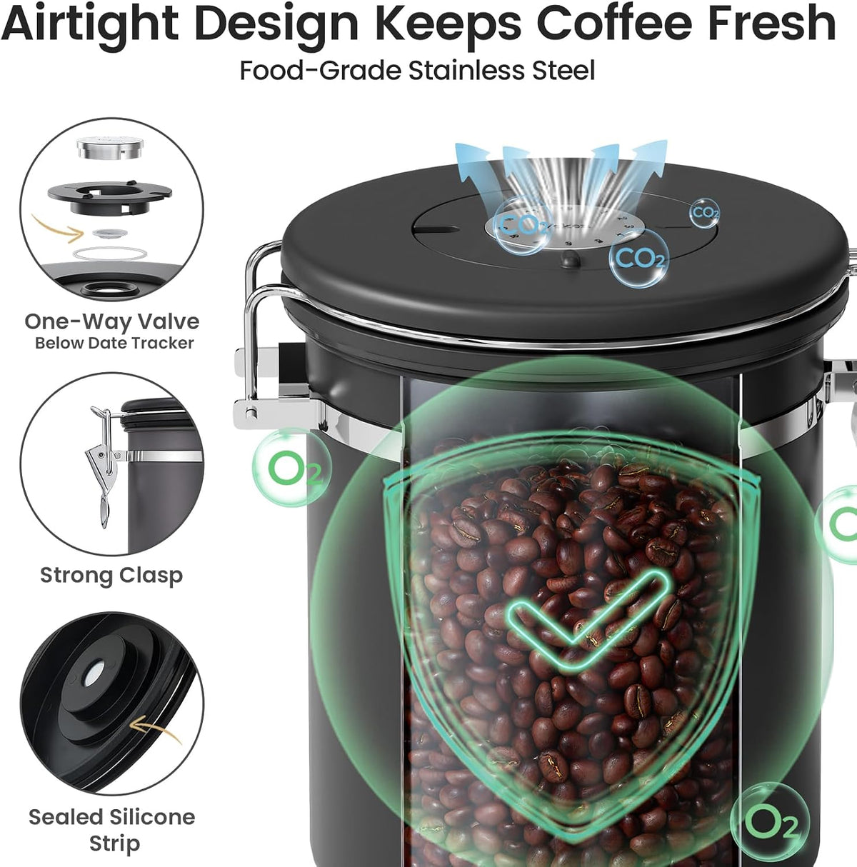 Veken Coffee Canister with Window,Airtight Stainless Steel Compact Jar,16Oz