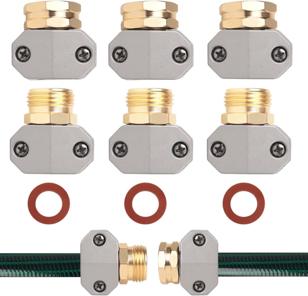Hose Repair Kit,（3 Sets）Garden Hose Repair Fittings Aluminum Female and Male with Zinc Clamp Water Hose End Repair Connector Fit 3/4 Inch and 5/8 Inch Garden Hose，Garden Hose Repair Kit