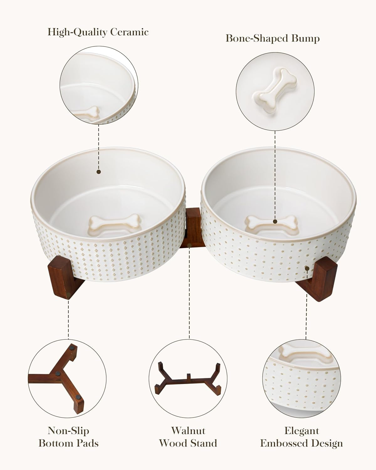 MALACASA Dog Bowl Set with Walnut Wood Stand, 6 Cups Ceramic Pet Bowls for Puppy Dogs, Dual Food and Water Bowls with Weighted Non-Slip Base, Basic Bowls for Your Dog, Rhombic & Polka Dots