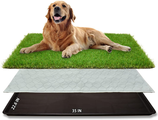 Dog Grass Large Potty Patch, Dog Litter Boxes Artificial Grass Bathroom Turf for Pet Training, Washable Puppy Pee Pad, Perfect Indoor/Outdoor Portable Potty Pet Loo (Tray System-35"X22.6")