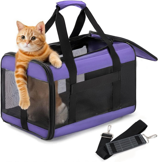 Conlun Cat Carrier Airline Approved, Soft-Sided Dog Carrier with Inner Safety Leash, Pet Transport Carrier for Small-Medium Cats Puppies up to 15 Lbs, Collapsible Travel Kitten Carrier Bag -Purple M
